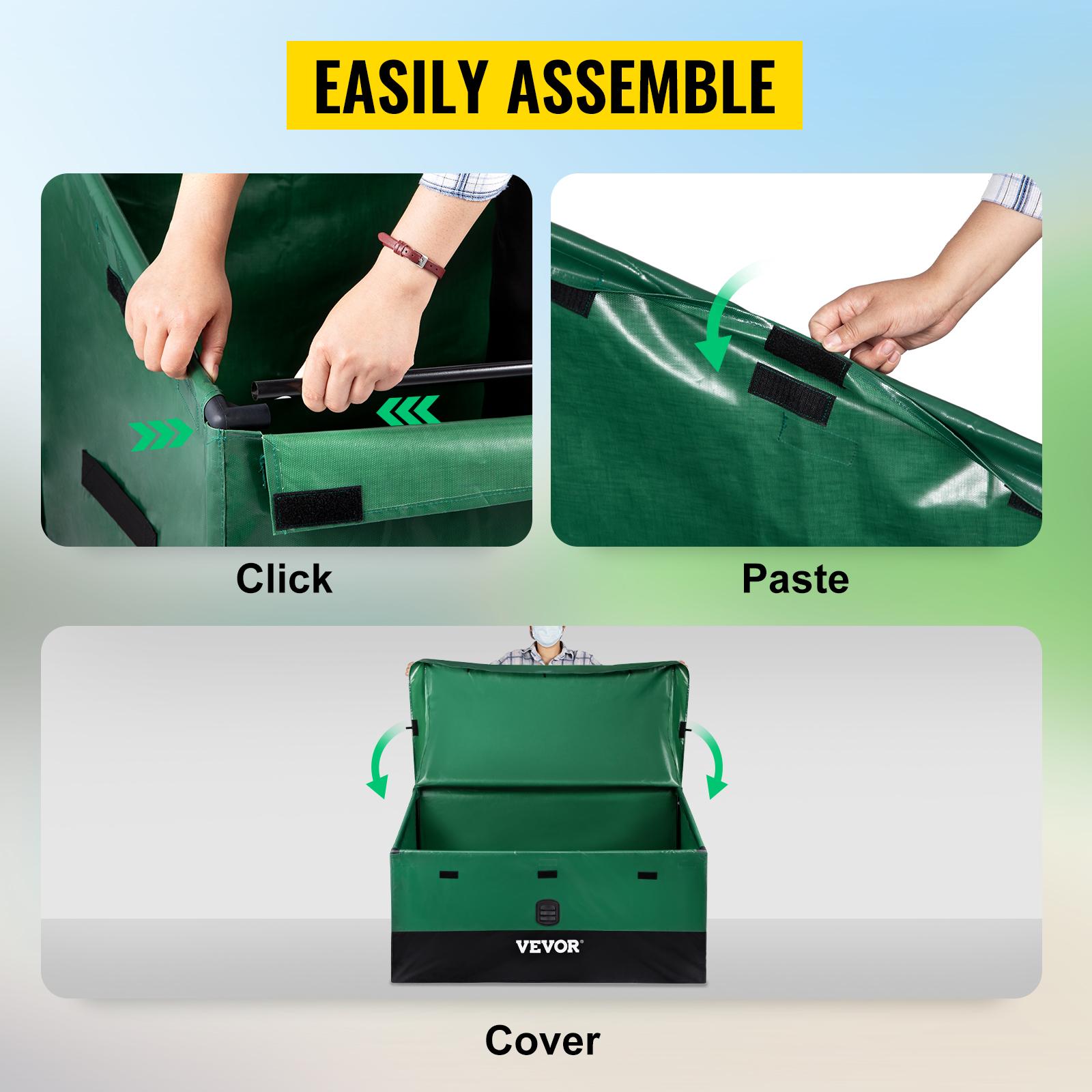 easily assemble VEVOR outdoor storage box with click and paste methods, featuring a green cover.