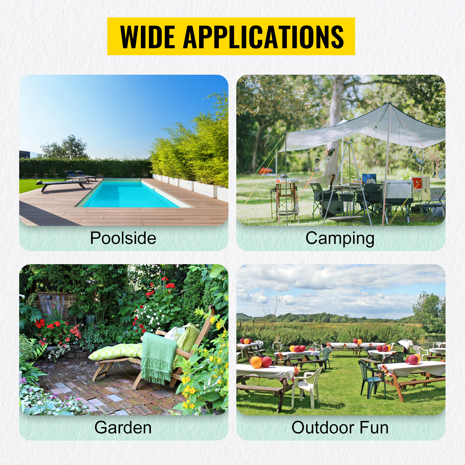 wide applications of VEVOR outdoor storage box: poolside, camping, garden, outdoor fun.