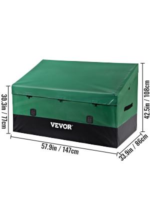 green VEVOR outdoor storage box with measurements: 57.9in x 33.9in x 30.3in and 42.5in 높이.