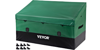 VEVOR outdoor storage box with green and black design, side handles, and included assembly hardware.