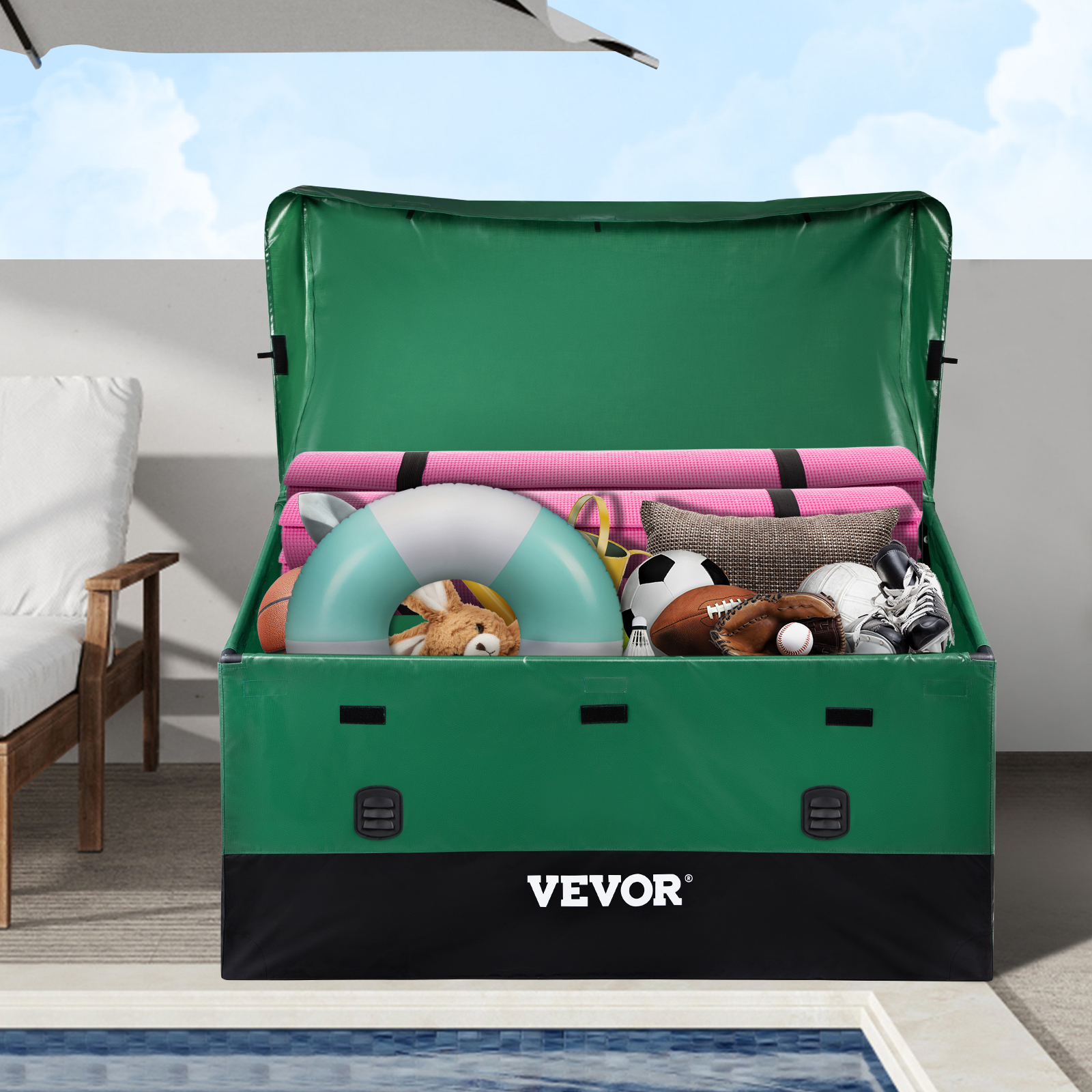 VEVOR outdoor storage box near pool with toys, sports equipment, and inflatable ring.