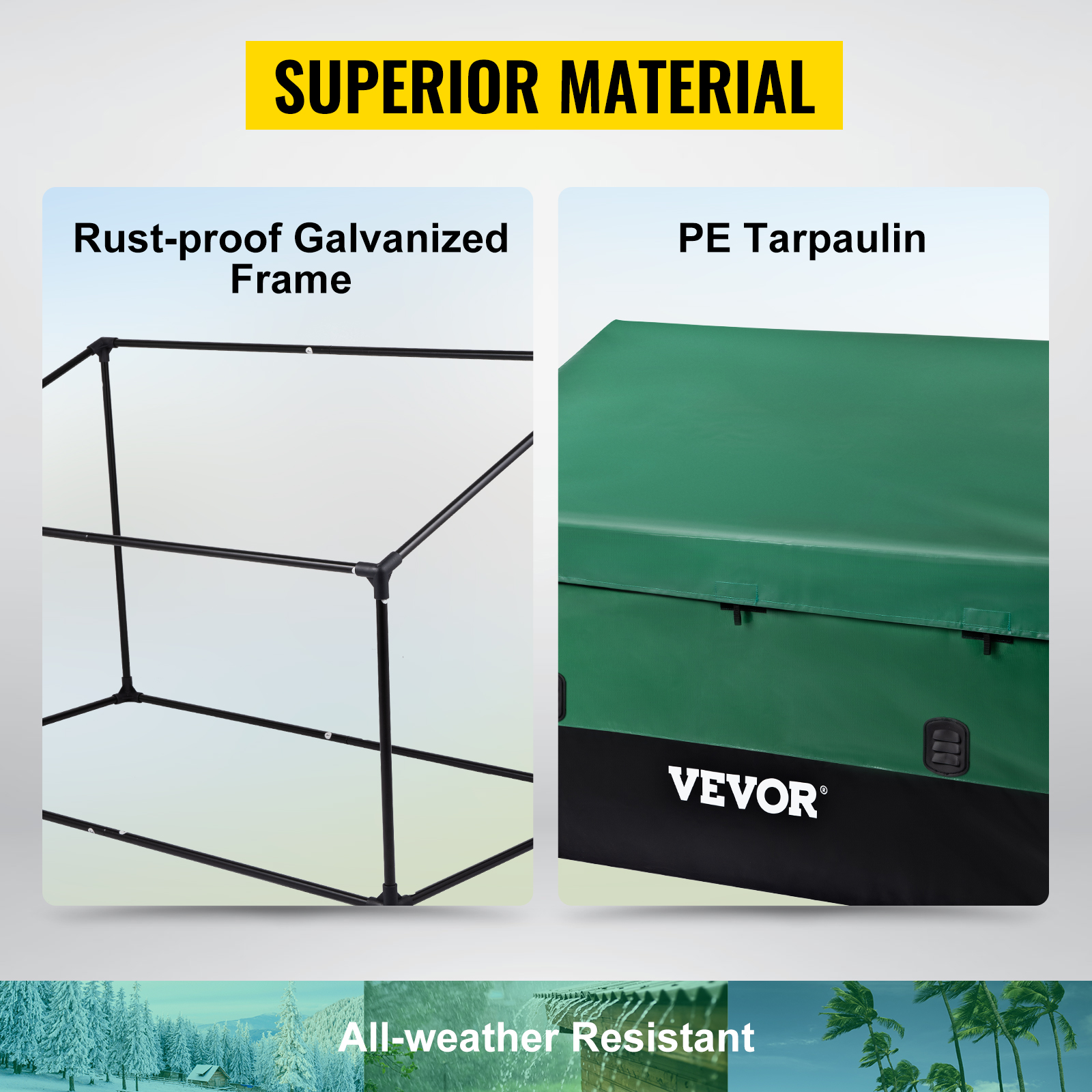 superior material VEVOR outdoor storage box with rust-proof galvanized frame and pe tarpaulin. all-weather resistant.