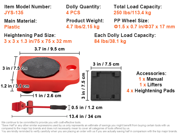 VEVOR furniture dolly, model jyd-114, with 250 lbs capacity, plastic material, and 4 pcs dolly set.