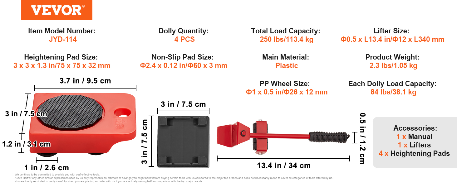 VEVOR furniture dolly, model jyd-114, with 250 lbs capacity, plastic material, and 4 pcs dolly set.