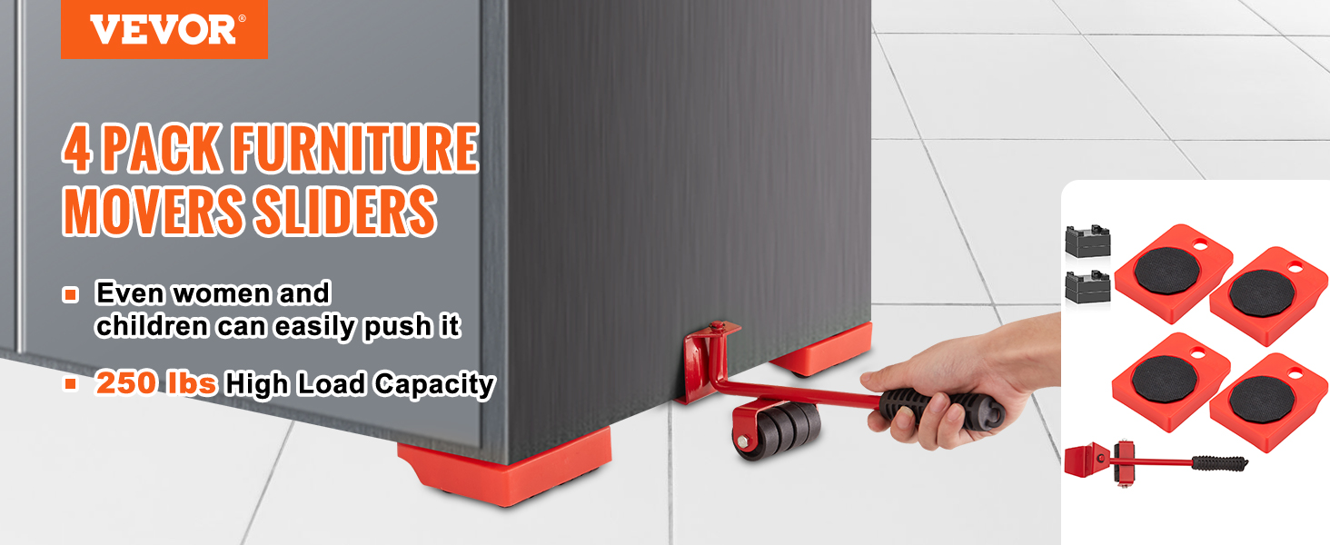 VEVOR furniture dolly set with lever lifting a cabinet; supports up to 250 lbs, user-friendly for all.