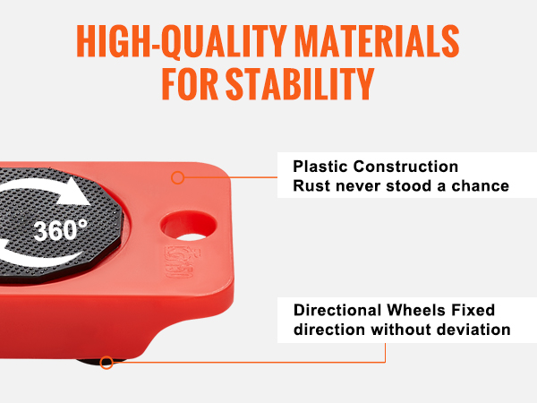 high-quality materials and 360° rotation for the VEVOR furniture dolly, rust-resistant plastic, and directional wheels.