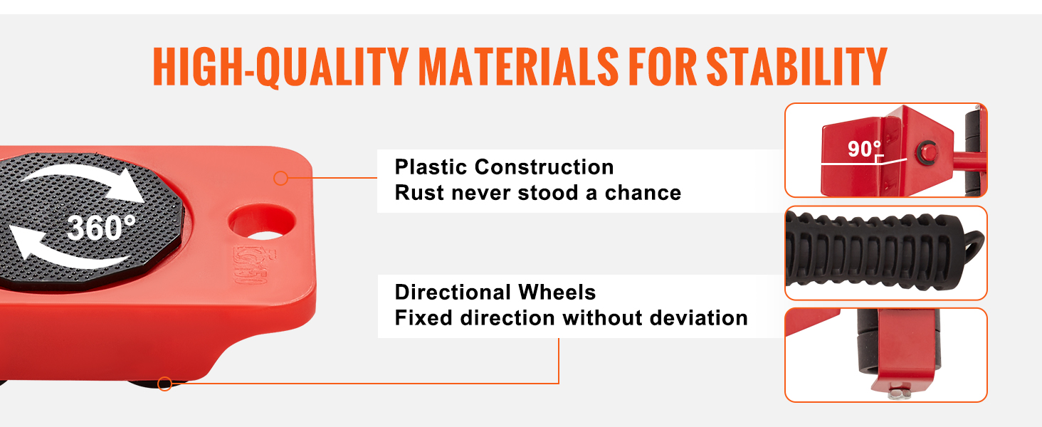 high-quality materials and 360° rotation for the VEVOR furniture dolly, rust-resistant plastic, and directional wheels.