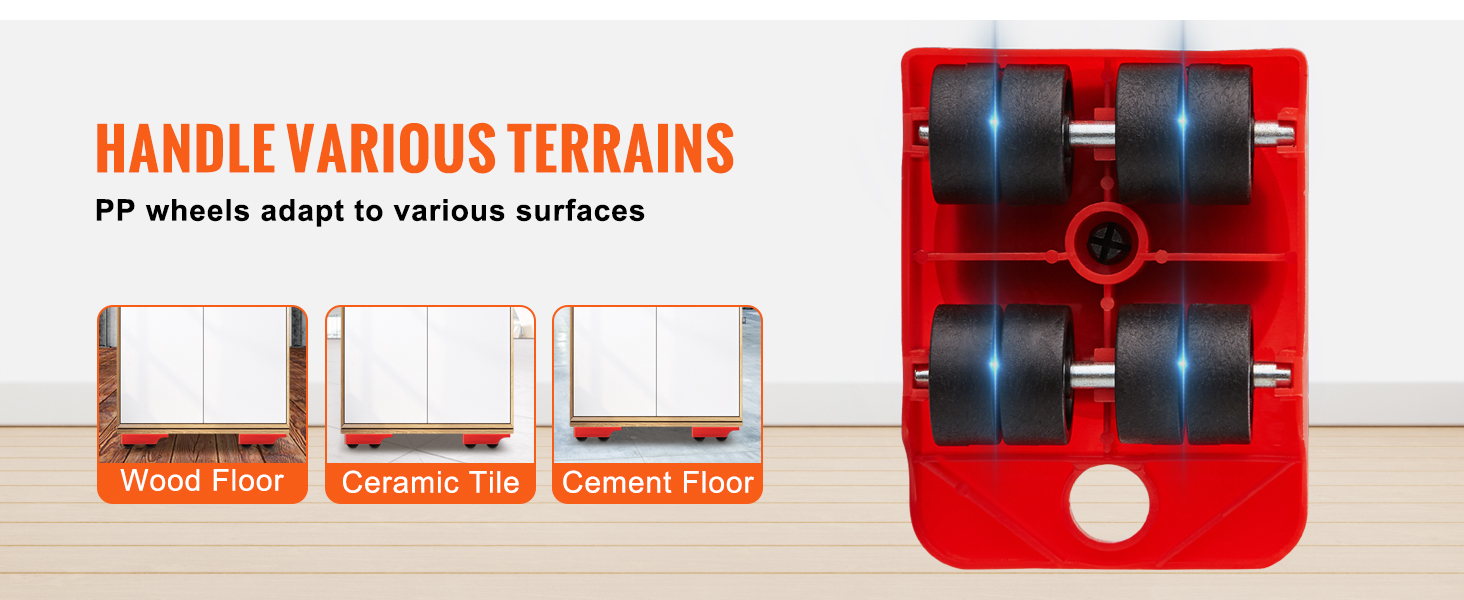 VEVOR furniture dolly with pp wheels for wood, ceramic tile, and cement floor adaptability.