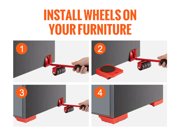 VEVOR furniture dolly setup: insert lifter, place dolly, repeat for all corners, move furniture slowly.