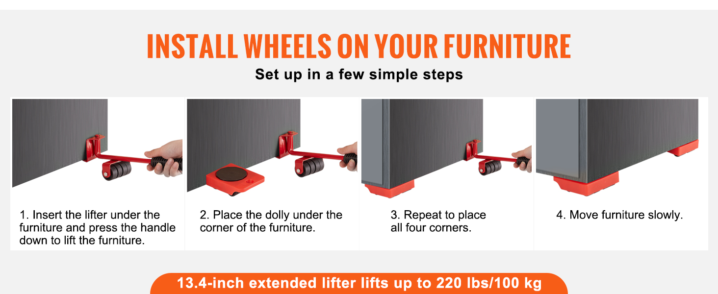 VEVOR furniture dolly setup: insert lifter, place dolly, repeat for all corners, move furniture slowly.