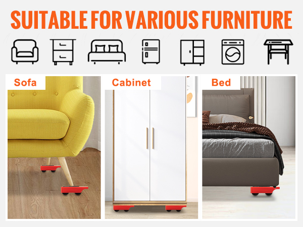 VEVOR furniture dolly suitable for sofa, cabinet, bed; red dollies under each piece on wooden floor.