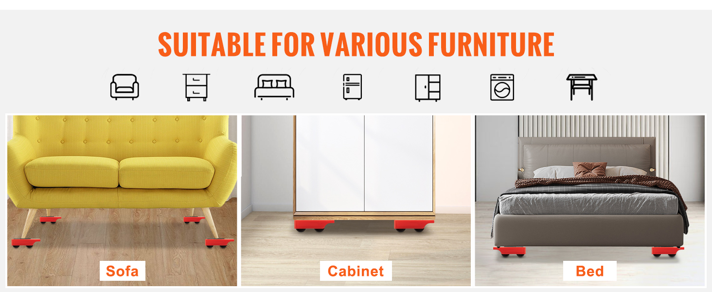 VEVOR furniture dolly suitable for sofa, cabinet, bed; red dollies under each piece on wooden floor.