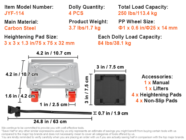 VEVOR furniture dolly details with 250 lbs load capacity, carbon steel, and included accessories.