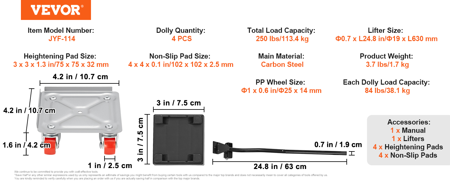 VEVOR furniture dolly details with 250 lbs load capacity, carbon steel, and included accessories.