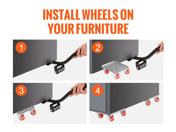 install wheels on furniture using VEVOR furniture dolly in four simple steps; lift, place, repeat, move.