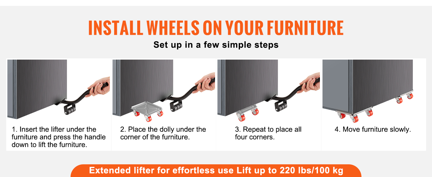 install wheels on furniture using VEVOR furniture dolly in four simple steps; lift, place, repeat, move.