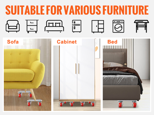 yellow sofa, white cabinet, and bed on a VEVOR furniture dolly. text: "suitable for various furniture".