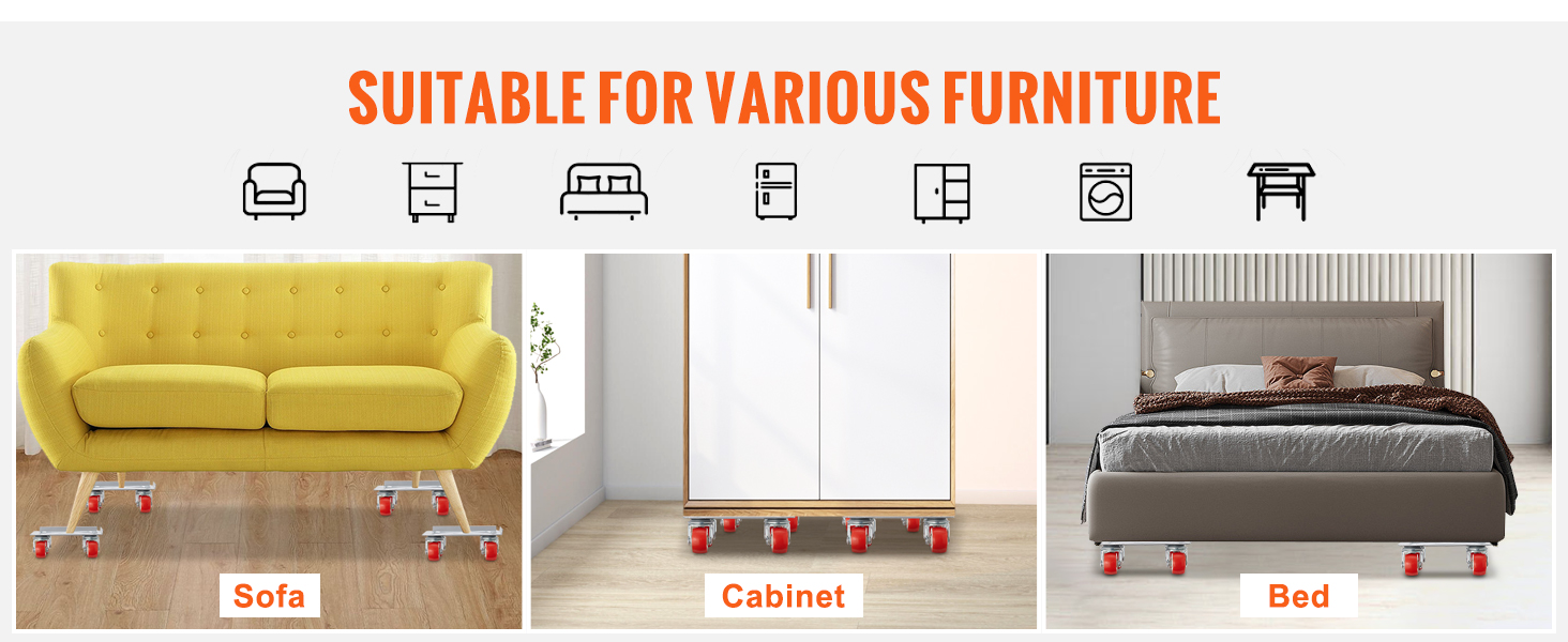 yellow sofa, white cabinet, and bed on a VEVOR furniture dolly. text: "suitable for various furniture".