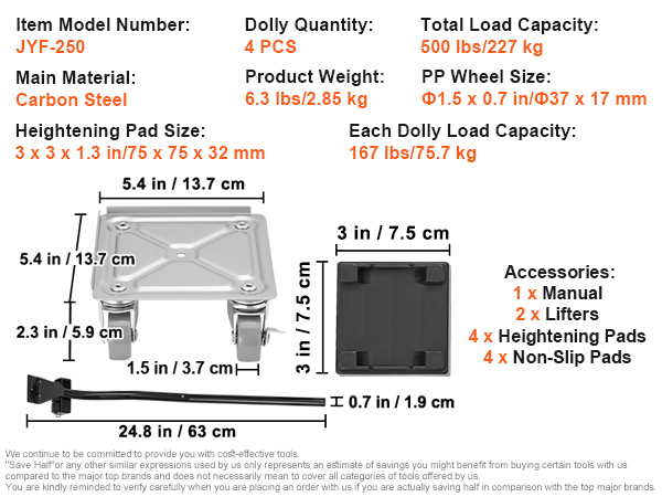 VEVOR furniture dolly specifications and accessories, including dimensions, load capacity, and materials.