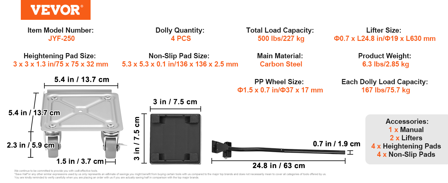 VEVOR furniture dolly specifications and accessories, including dimensions, load capacity, and materials.