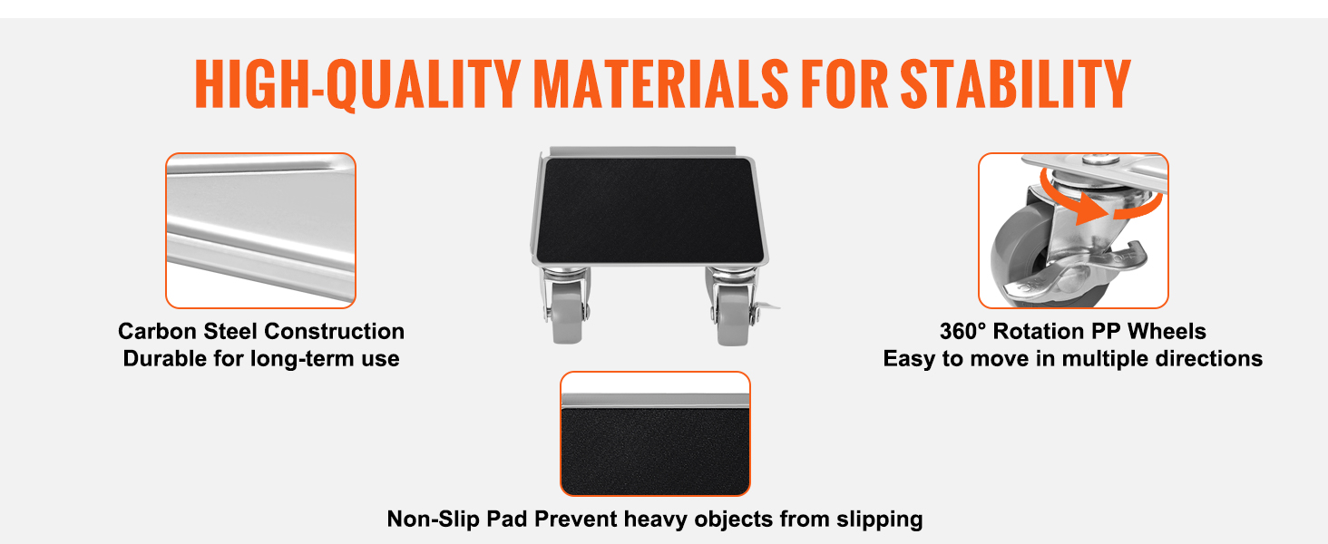 high-quality materials on the VEVOR furniture dolly, including carbon steel, non-slip pad, and 360° wheels.