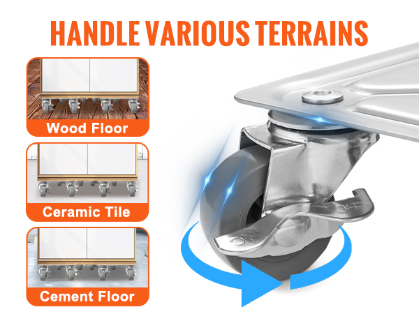 VEVOR furniture dolly with pp wheels, suitable for wood, ceramic tile, and cement floors.