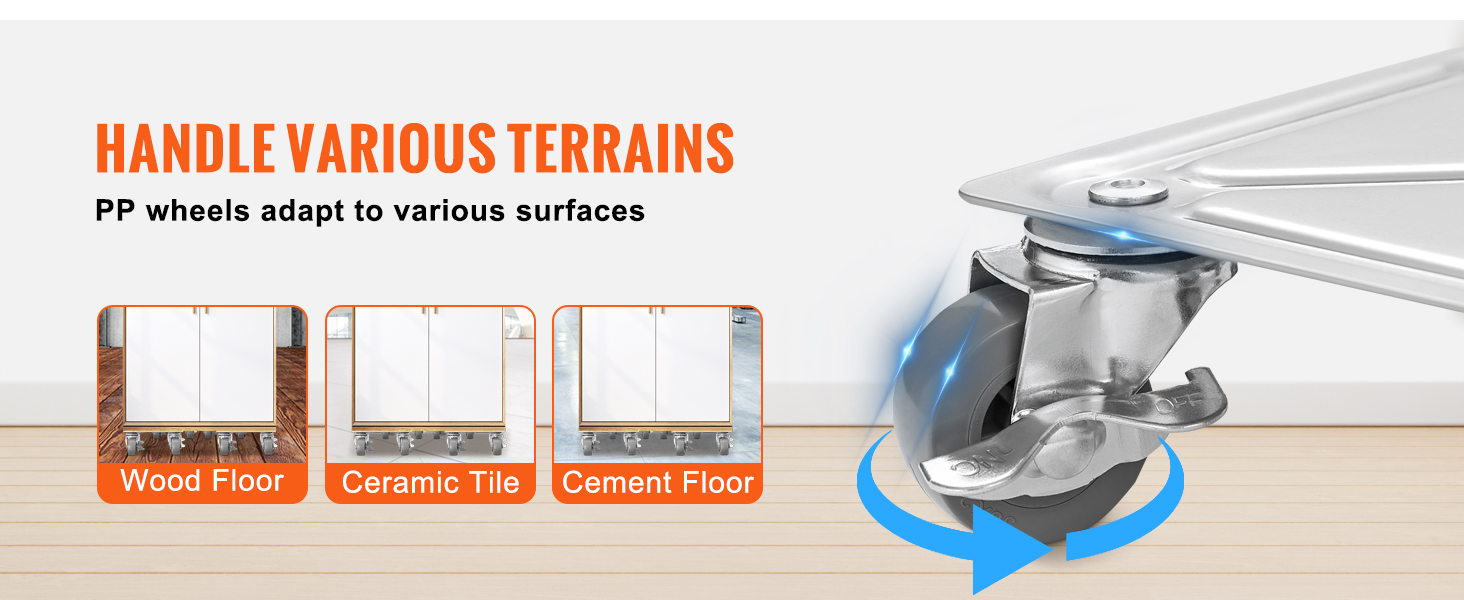 VEVOR furniture dolly with pp wheels, suitable for wood, ceramic tile, and cement floors.