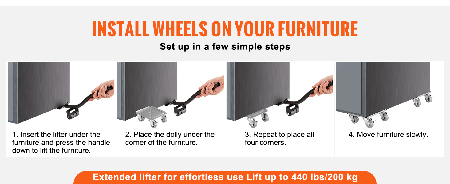 install wheels on your furniture using VEVOR furniture dolly to lift and move easily.