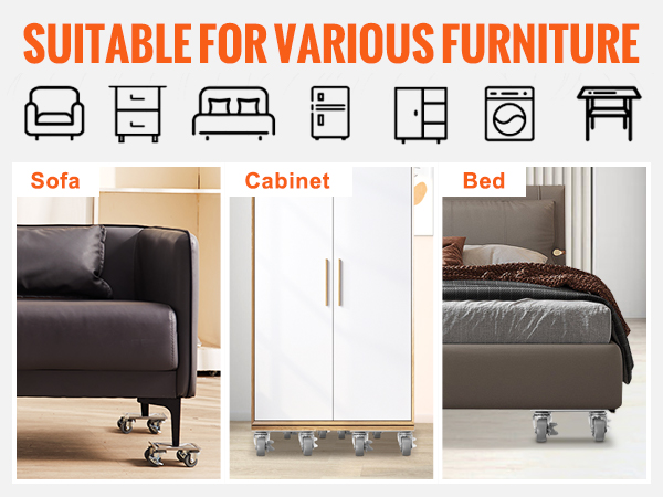 VEVOR furniture dolly under sofa, cabinet, and bed with icons depicting versatility for various furniture.