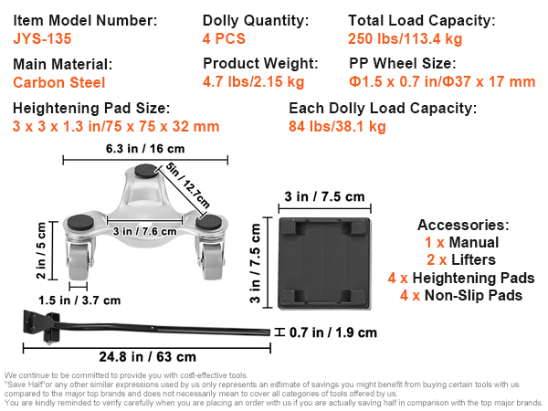 VEVOR furniture dolly jys-135, 4 pcs, 250 lbs capacity, carbon steel, 6.3 in base, 4.7 lbs, lifters, pads.