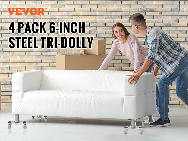 VEVOR furniture dolly, 4-pack 6-inch steel tri-dolly, 250 lbs capacity, easy for anyone to push.