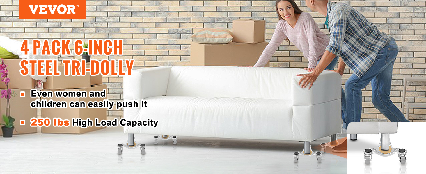VEVOR furniture dolly, 4-pack 6-inch steel tri-dolly, 250 lbs capacity, easy for anyone to push.
