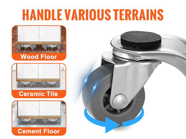 VEVOR furniture dolly with pp wheels for wood, ceramic tile, and cement floor surfaces.