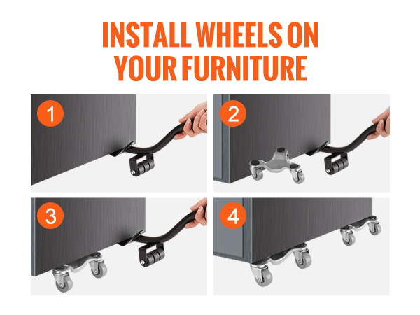 VEVOR furniture dolly use steps, illustrating lifting and dolly placement for easy furniture movement.