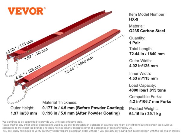 VEVOR pallet fork extensions, modeled hx-9, q235 carbon steel, 72.44" long, 4,000 lbs load capacity.