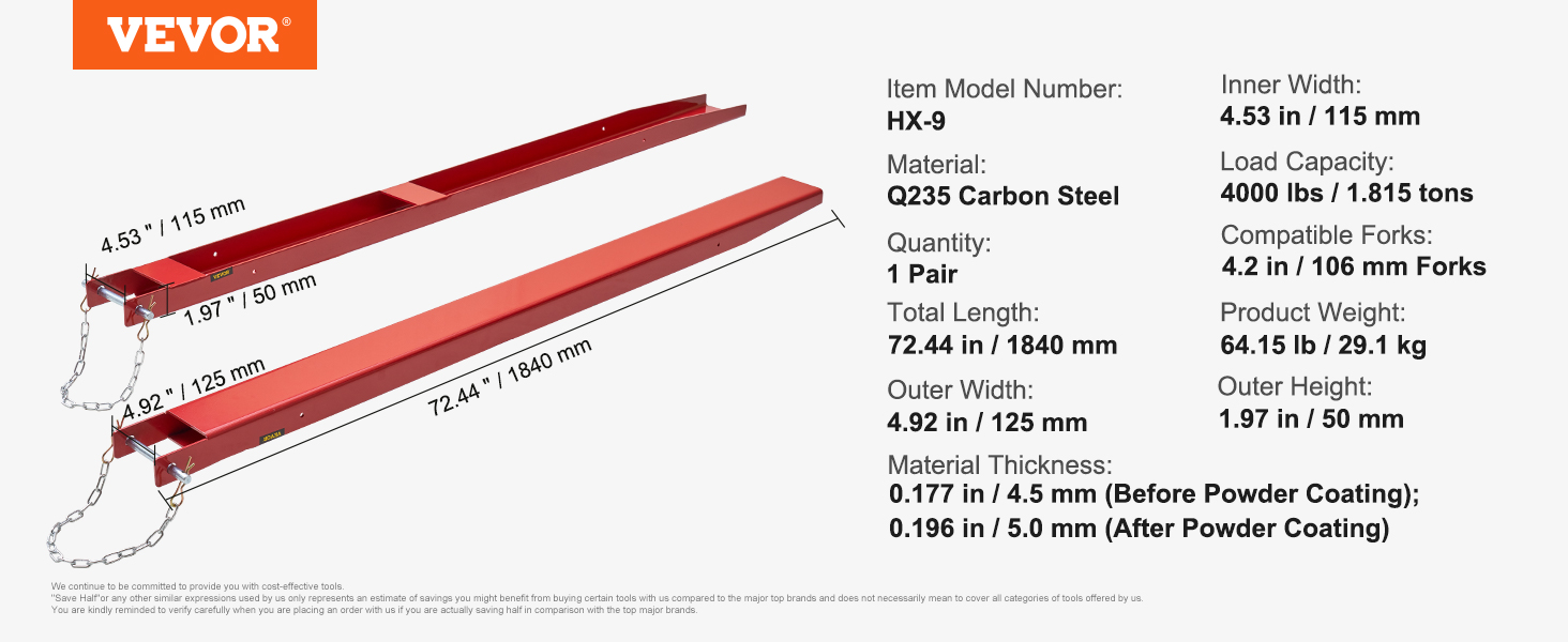 VEVOR pallet fork extensions, modeled hx-9, q235 carbon steel, 72.44" long, 4,000 lbs load capacity.