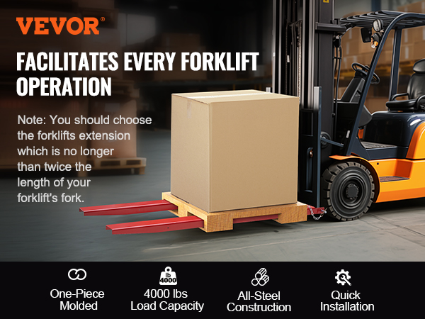 forklift lifting a large box using VEVOR pallet fork extensions with 4000lb capacity in a warehouse.