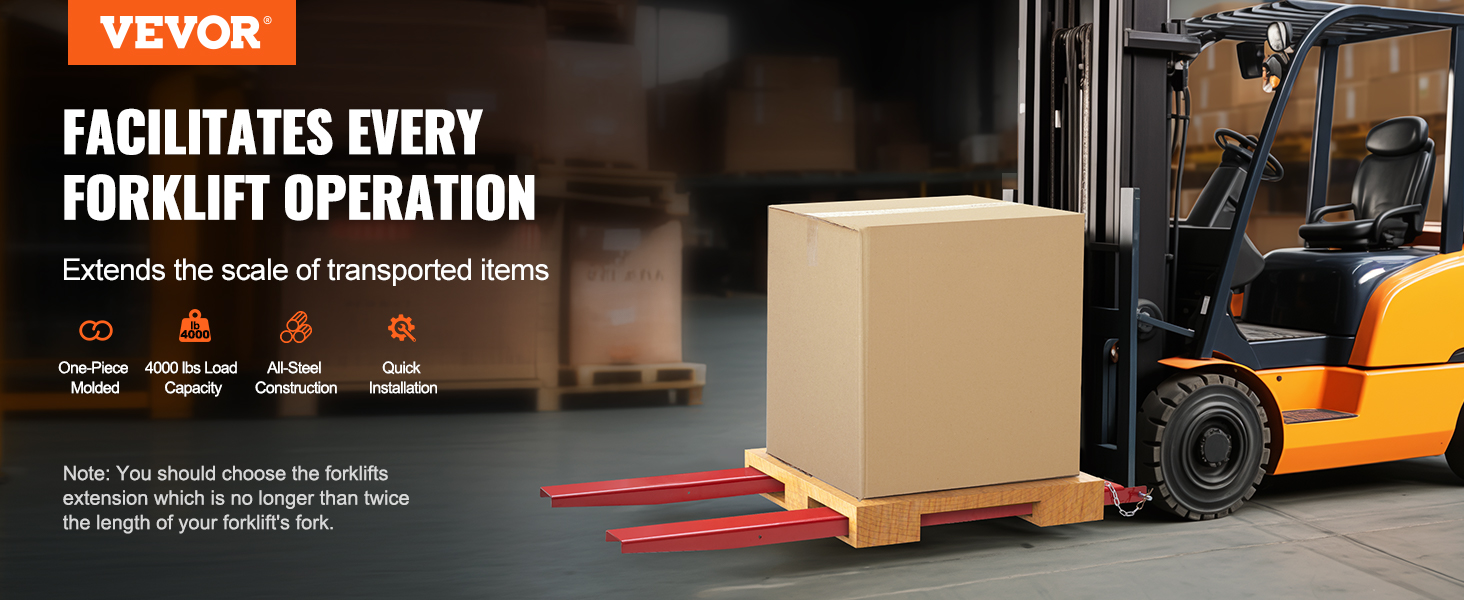 forklift lifting a large box using VEVOR pallet fork extensions with 4000lb capacity in a warehouse.