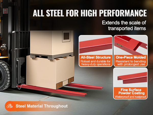 forklift using VEVOR pallet fork extensions to lift boxes, highlighting steel structure, and powder coating.