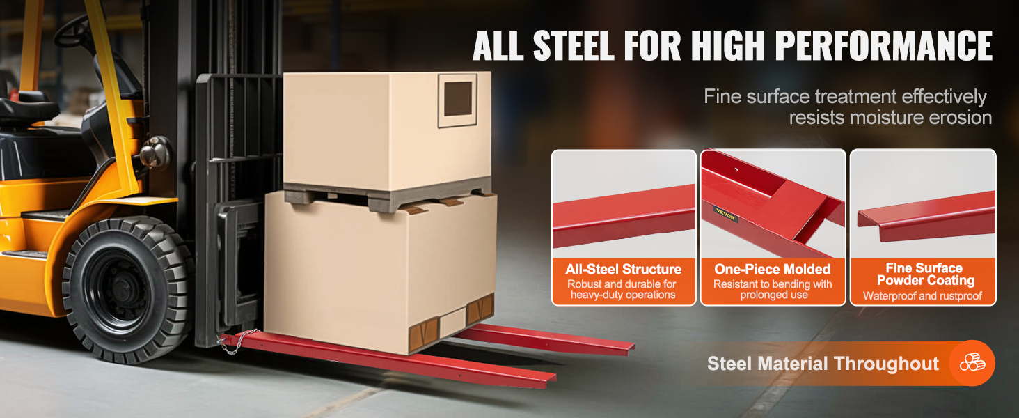 forklift using VEVOR pallet fork extensions to lift boxes, highlighting steel structure, and powder coating.