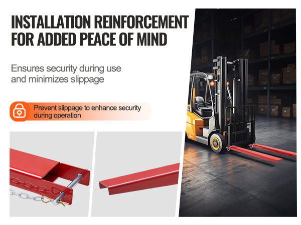 VEVOR pallet fork extensions on a forklift with security features and anti-slippage design for safe use.