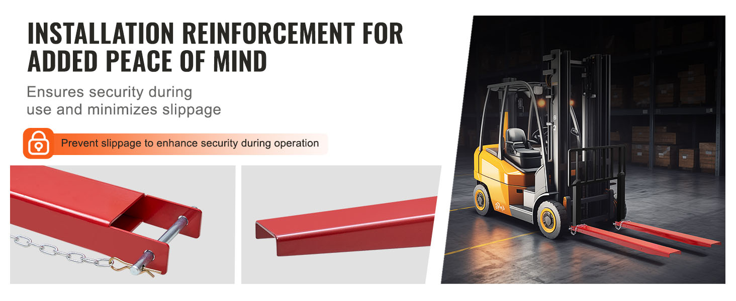 VEVOR pallet fork extensions on a forklift with security features and anti-slippage design for safe use.