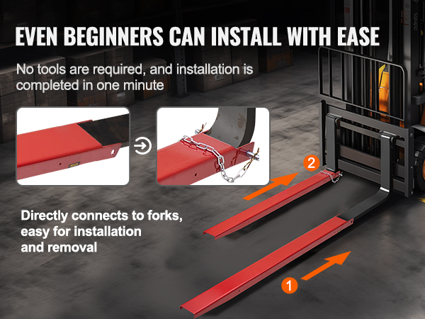 forklifts using VEVOR pallet fork extensions in a warehouse, construction site, supermarket, and farm.