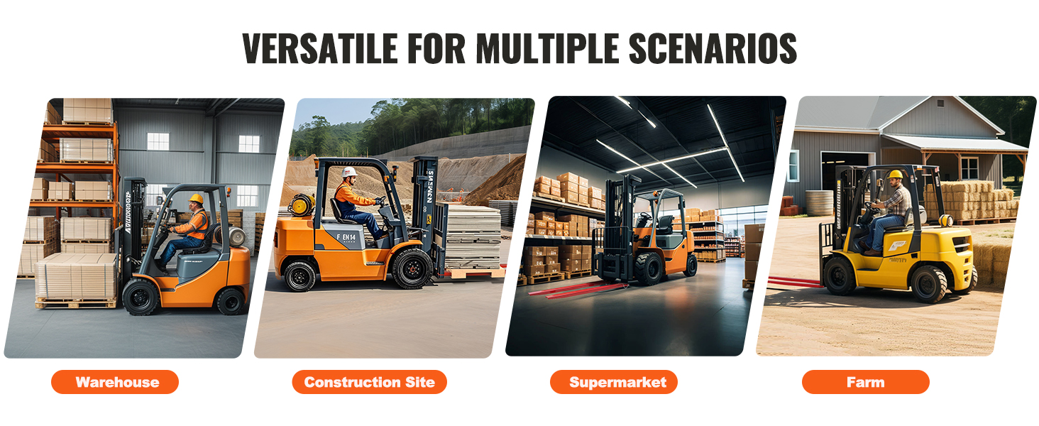 forklifts using VEVOR pallet fork extensions in a warehouse, construction site, supermarket, and farm.