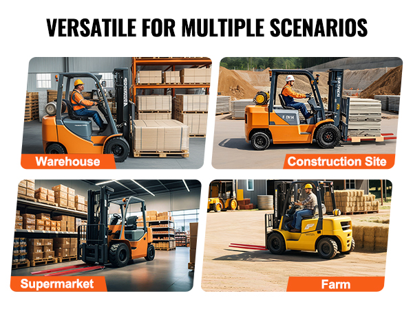 VEVOR pallet fork extensions installed on forklift with instructional labels, showcasing easy installation.