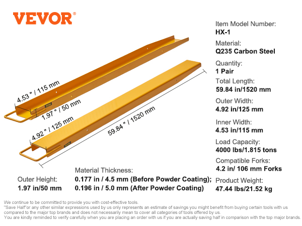 VEVOR pallet fork extensions, q235 carbon steel, 4000 lbs capacity, 59.84 in length, 4.92 in width.