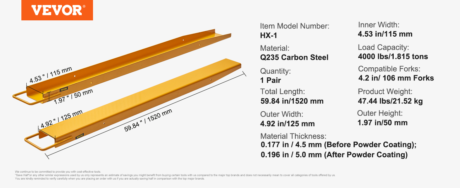 VEVOR pallet fork extensions, q235 carbon steel, 4000 lbs capacity, 59.84 in length, 4.92 in width.