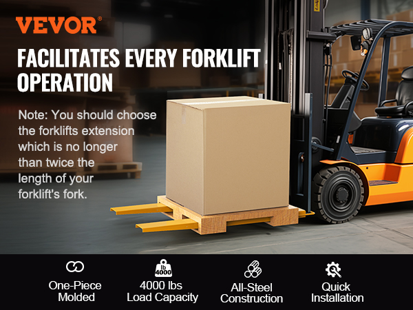 VEVOR pallet fork extensions on a forklift lifting a large box, 4000 lb load capacity, all-steel construction.