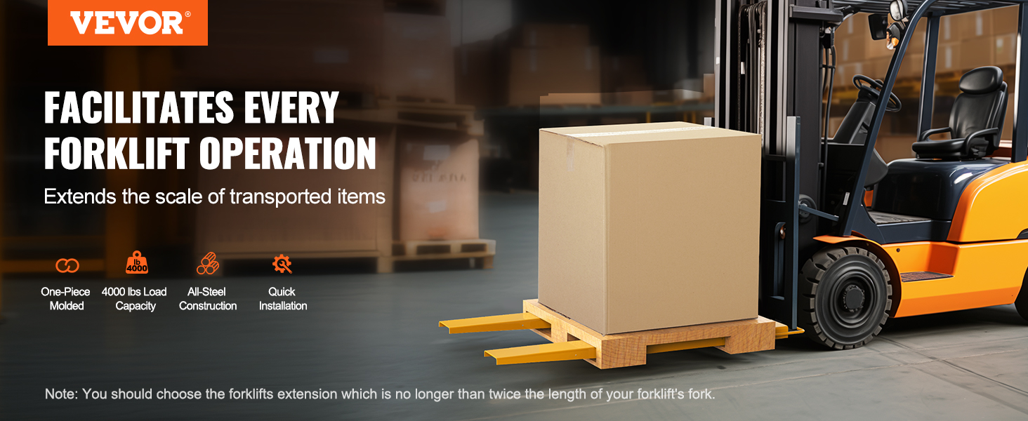 VEVOR pallet fork extensions on a forklift lifting a large box, 4000 lb load capacity, all-steel construction.