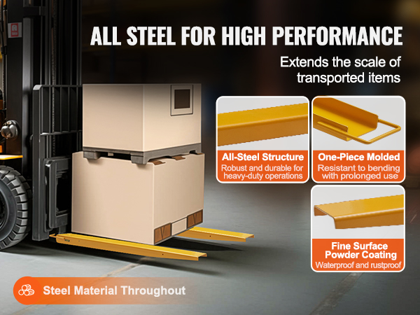 VEVOR pallet fork extensions on forklift carrying boxes, highlighting all-steel structure and fine coating.